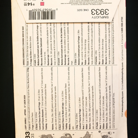 Simplicity 3933 Crafts Sewing Pattern Fleece Loopy Animals Uncut FF Dog, Bunny, - Picture 2 of 4